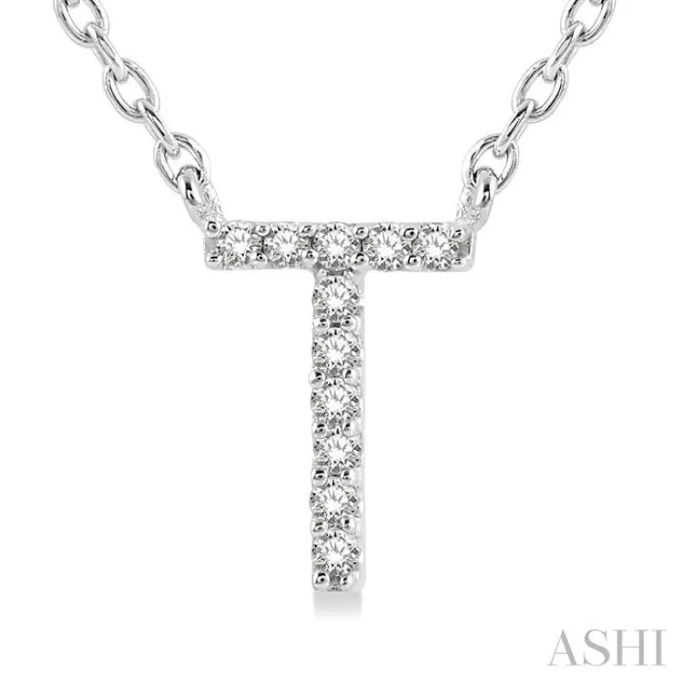 1/20 Ctw Initial 'T' Round Cut Diamond Pendant With Chain in 14K White Gold