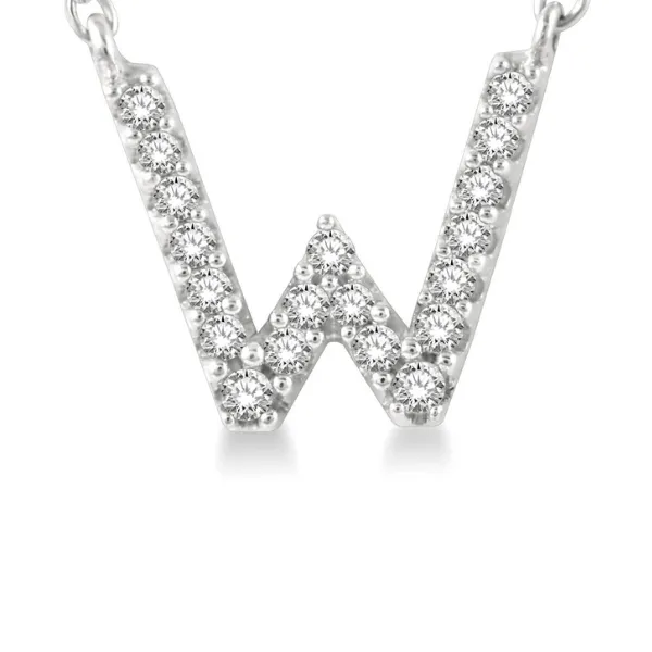 1/20 ctw Initial 'W' Round Cut Diamond Pendant With Chain in 10K White Gold