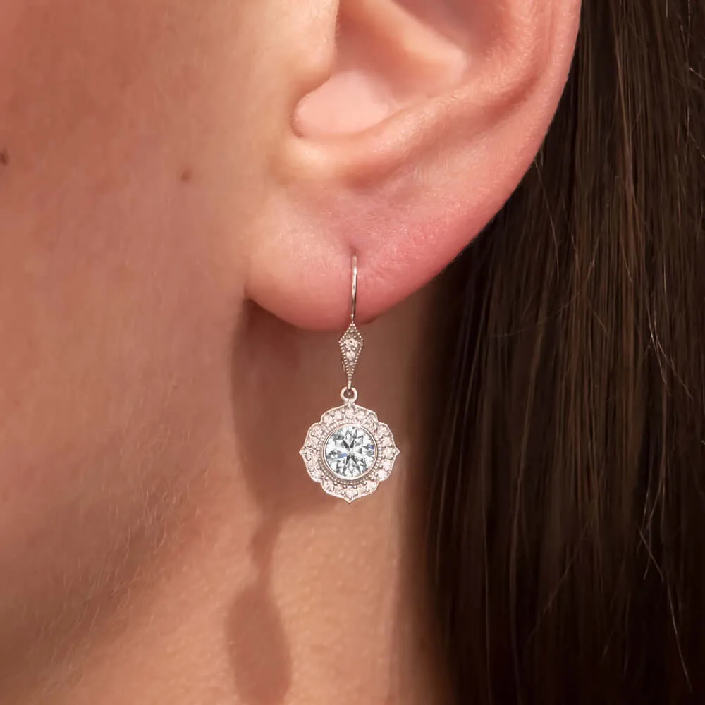 1.22ctw LAB CREATED DIAMOND DANGLE EARRINGS VINTAGE STYLE HALO DROP SCALLOPED