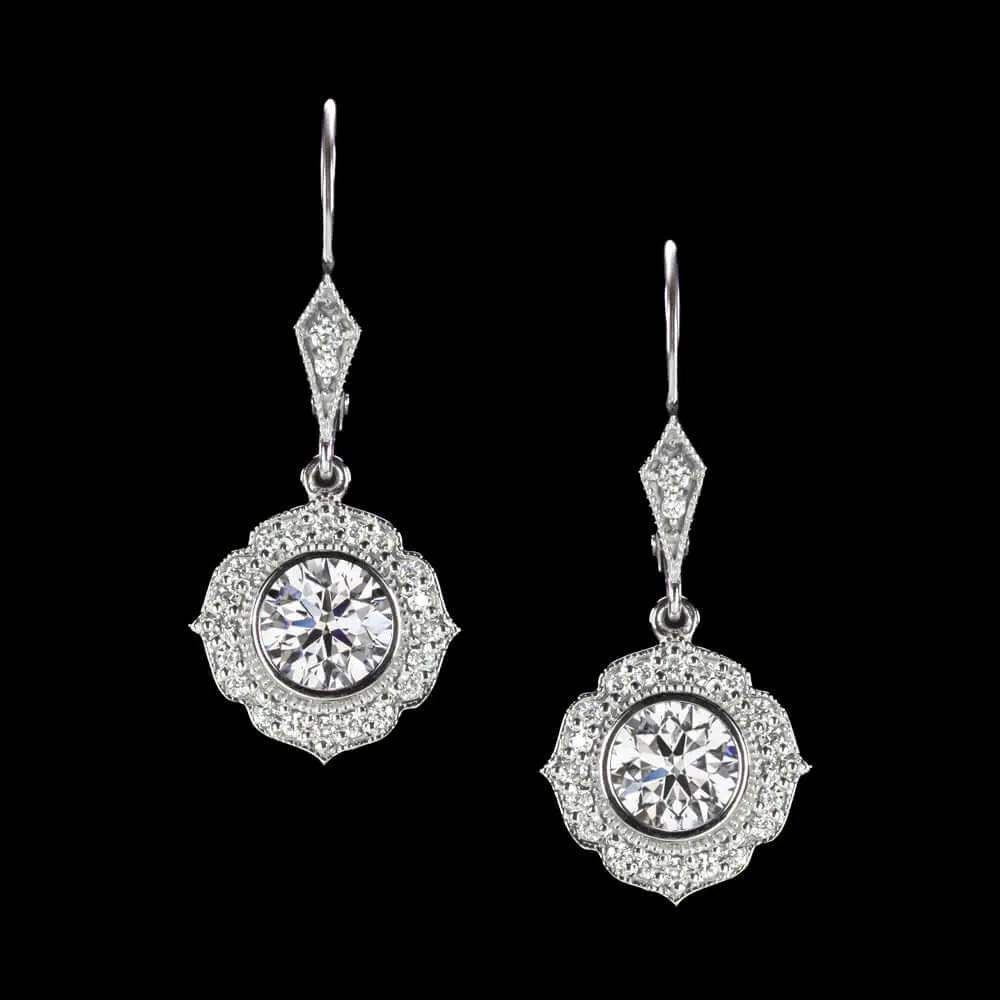 1.22ctw LAB CREATED DIAMOND DANGLE EARRINGS VINTAGE STYLE HALO DROP SCALLOPED