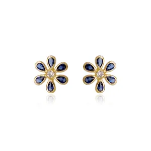 14k Gold Sapphire CZ Flower Stud Earrings