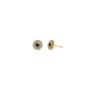 14k Round Blue Sapphire & Diamond Halo Studs