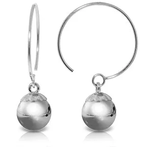 14K Solid White Gold Circle Wire Earrings Ball Dangling