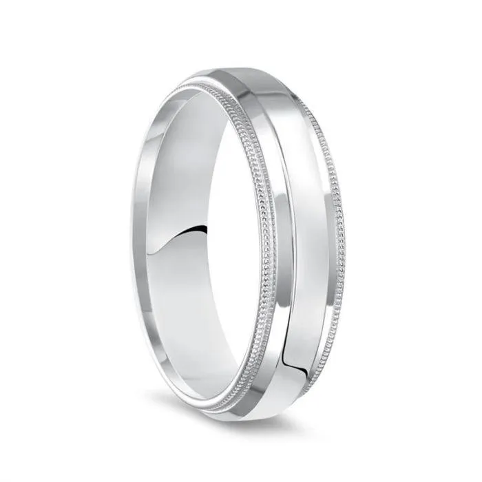 14k White Gold Polished Finish Raised Center Ring with Milgrain Edges - 4mm - 6mm