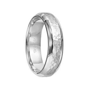 14k White Gold Wedding Band Hammered Brushed Center Finish Domed Polished Edges - 6 mm