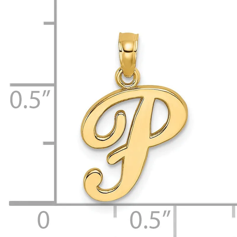 14K Yellow Gold Fancy Script Design Letter P Initial Charm Pendant