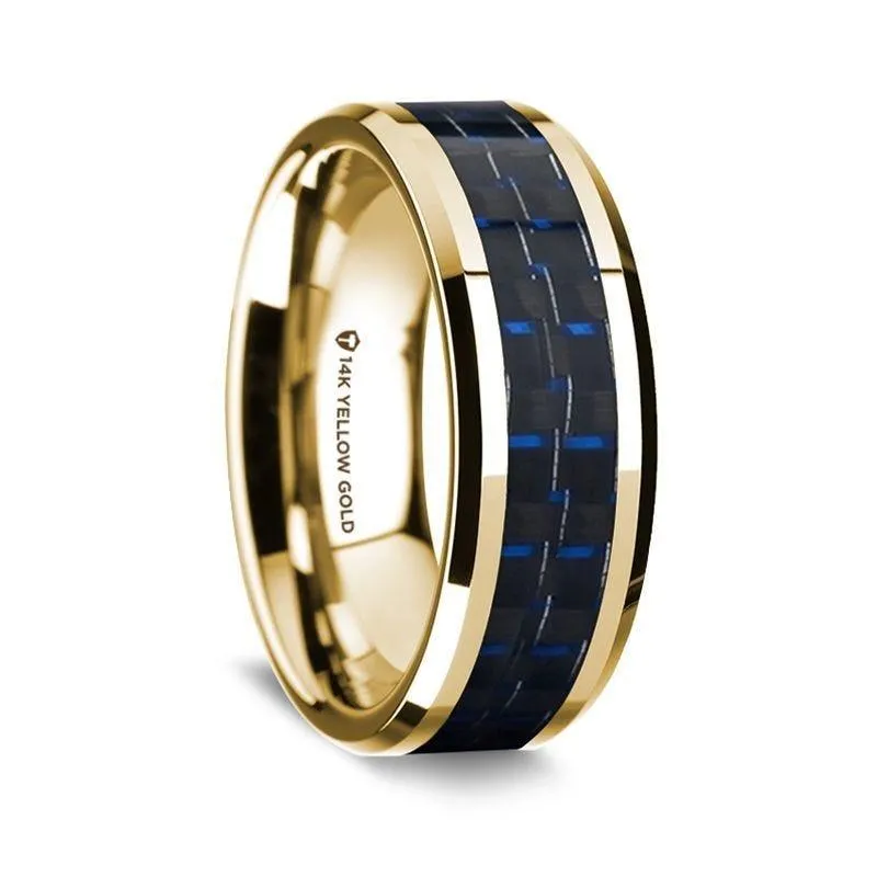 14K Yellow Gold Polished Beveled Edges Wedding Ring with Black and Dark Blue Carbon Fiber Inlay - 8 mm