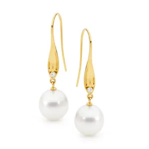 18ct Yellow Gold Pearl and 2 Diamond Earrings