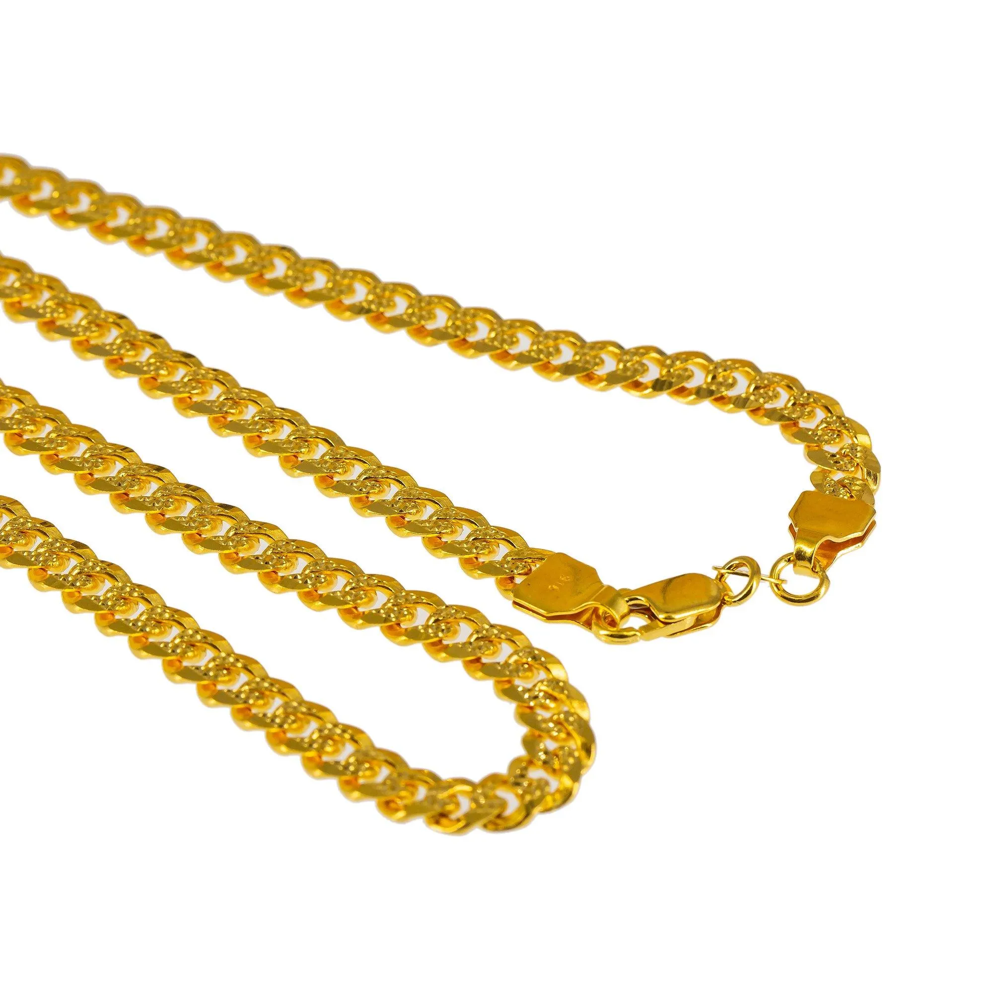 22K Yellow Gold Long Cuban Link Chain W/ Hammered Details, 24 Inches