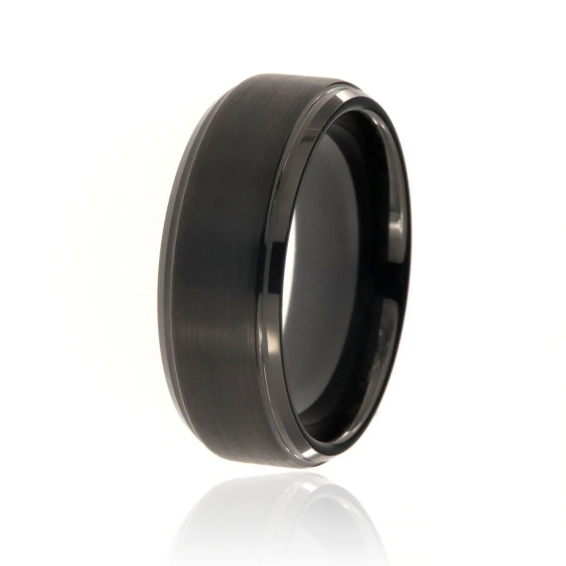 8mm Heavy Tungsten Carbide Men's Ring, Step Edge With Matte Black Finish - FREE Personalization