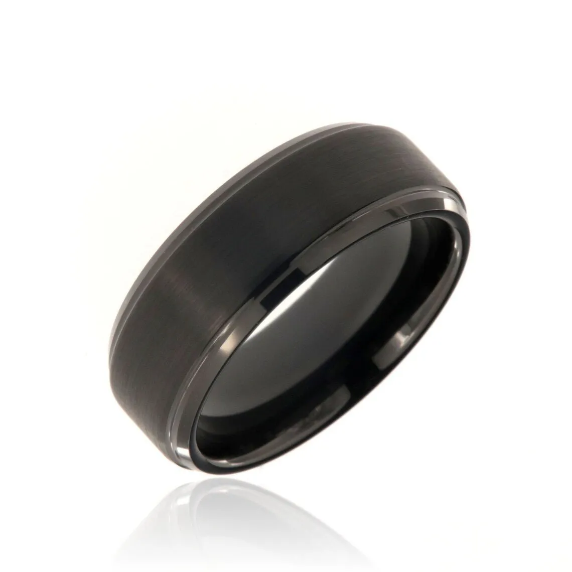 8mm Heavy Tungsten Carbide Men's Ring, Step Edge With Matte Black Finish - FREE Personalization