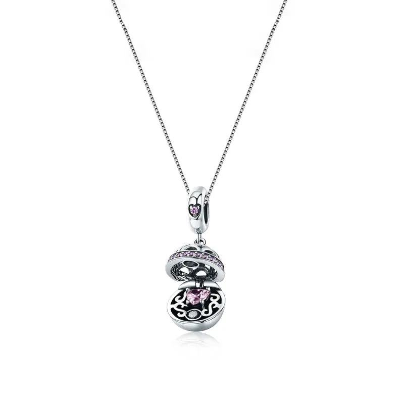 925 Sterling Silver Love Gift Box Dangle Ball Pendant Necklace Pink Heart Zircon Neck Chain for Women Fine Jewelry