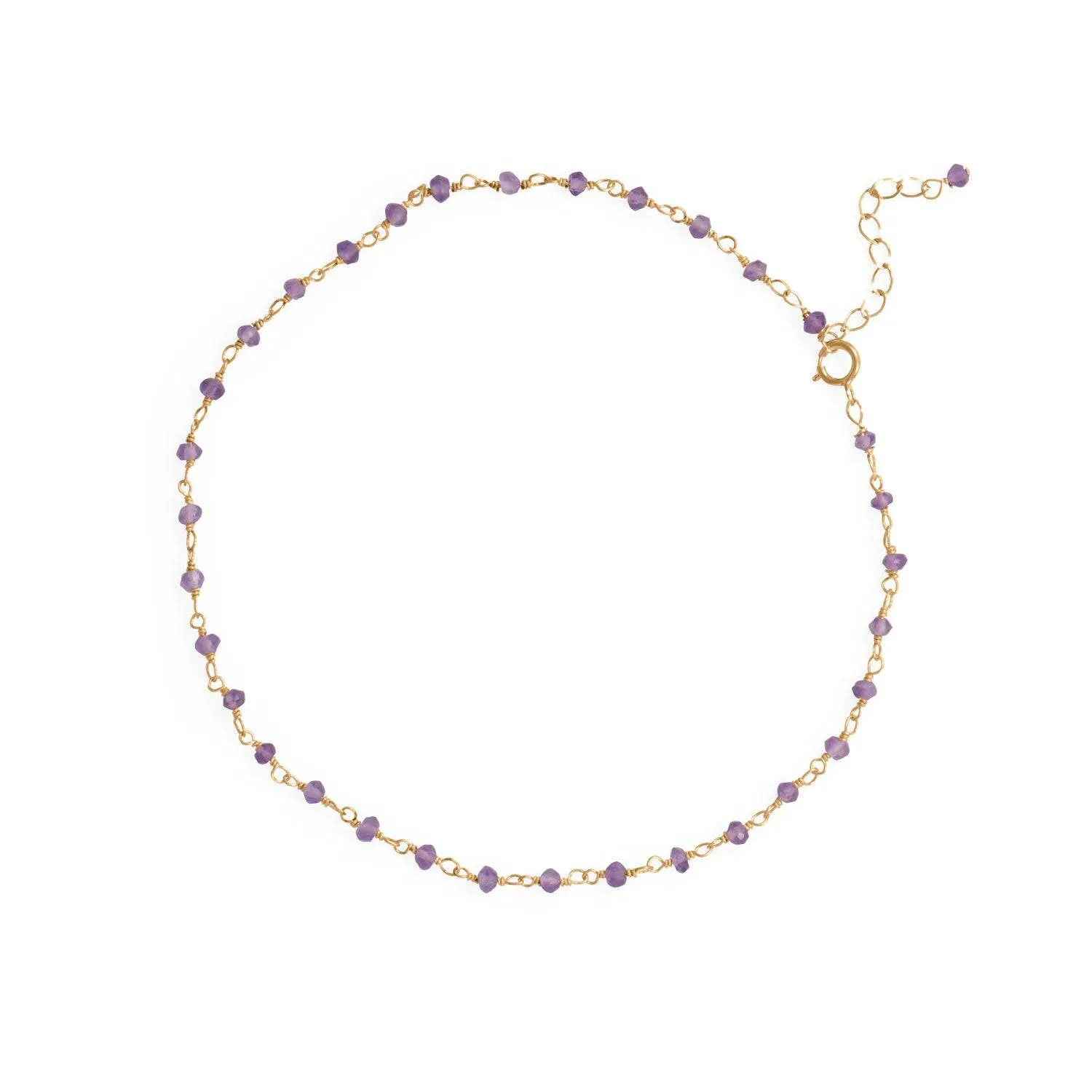 9.5"   1" 14 Karat Gold Plated Amethyst Bead Anklet