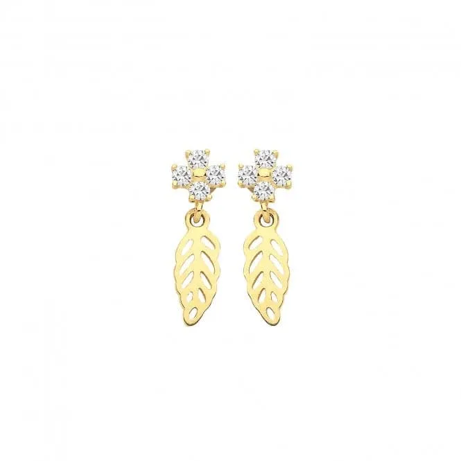 9ct Yellow Gold Zirconia Flower & Leaf Drop Earrings