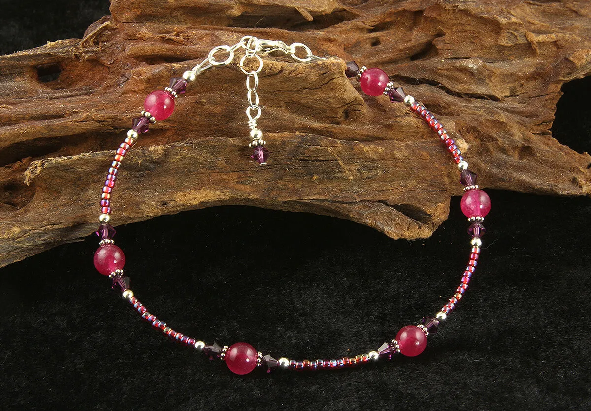 Amethyst Fuchsia Pink Jade Beaded Anklet