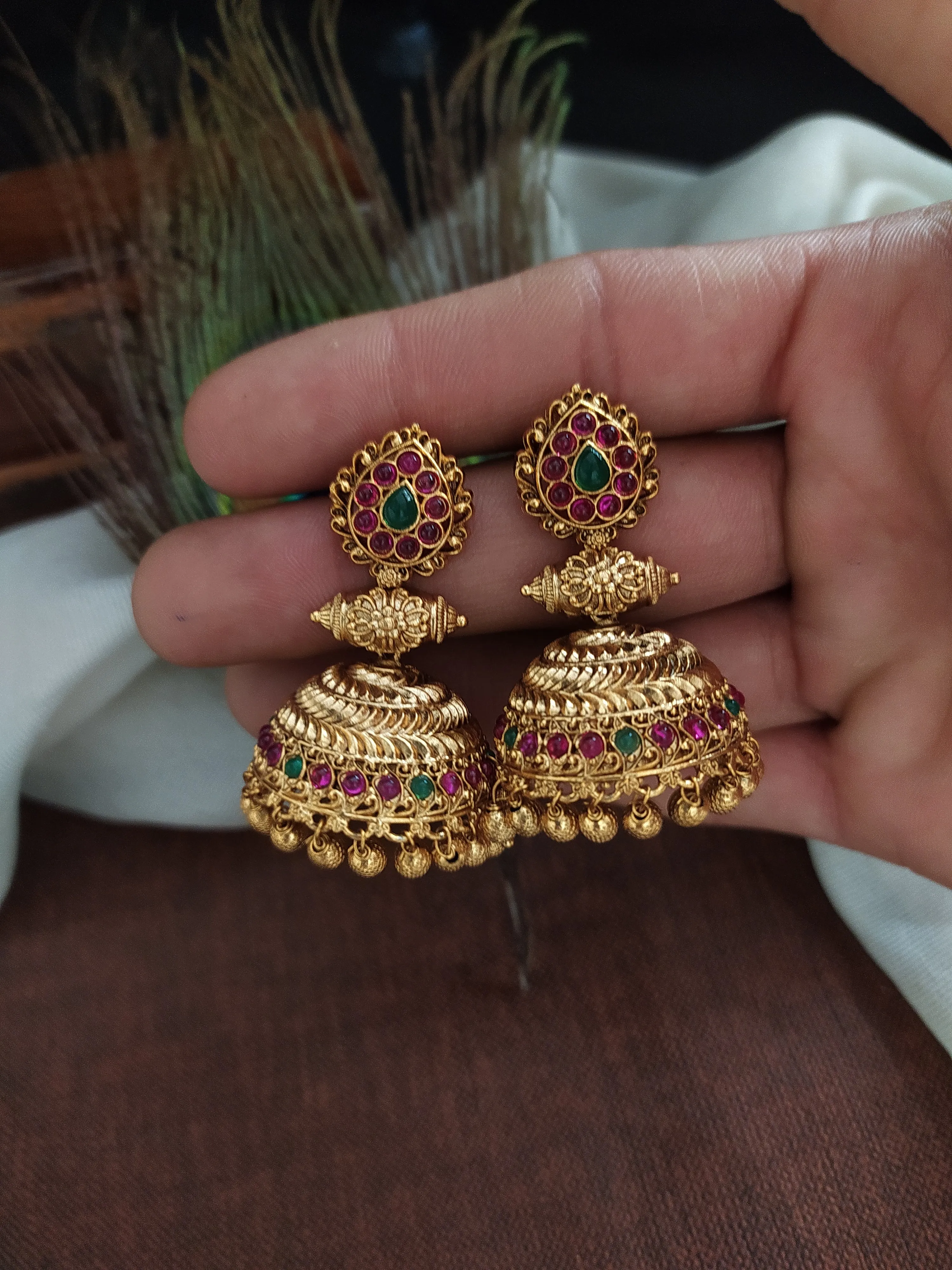 Antique Jhumki with Pear-Shaped Studs and Gold Ball Drops