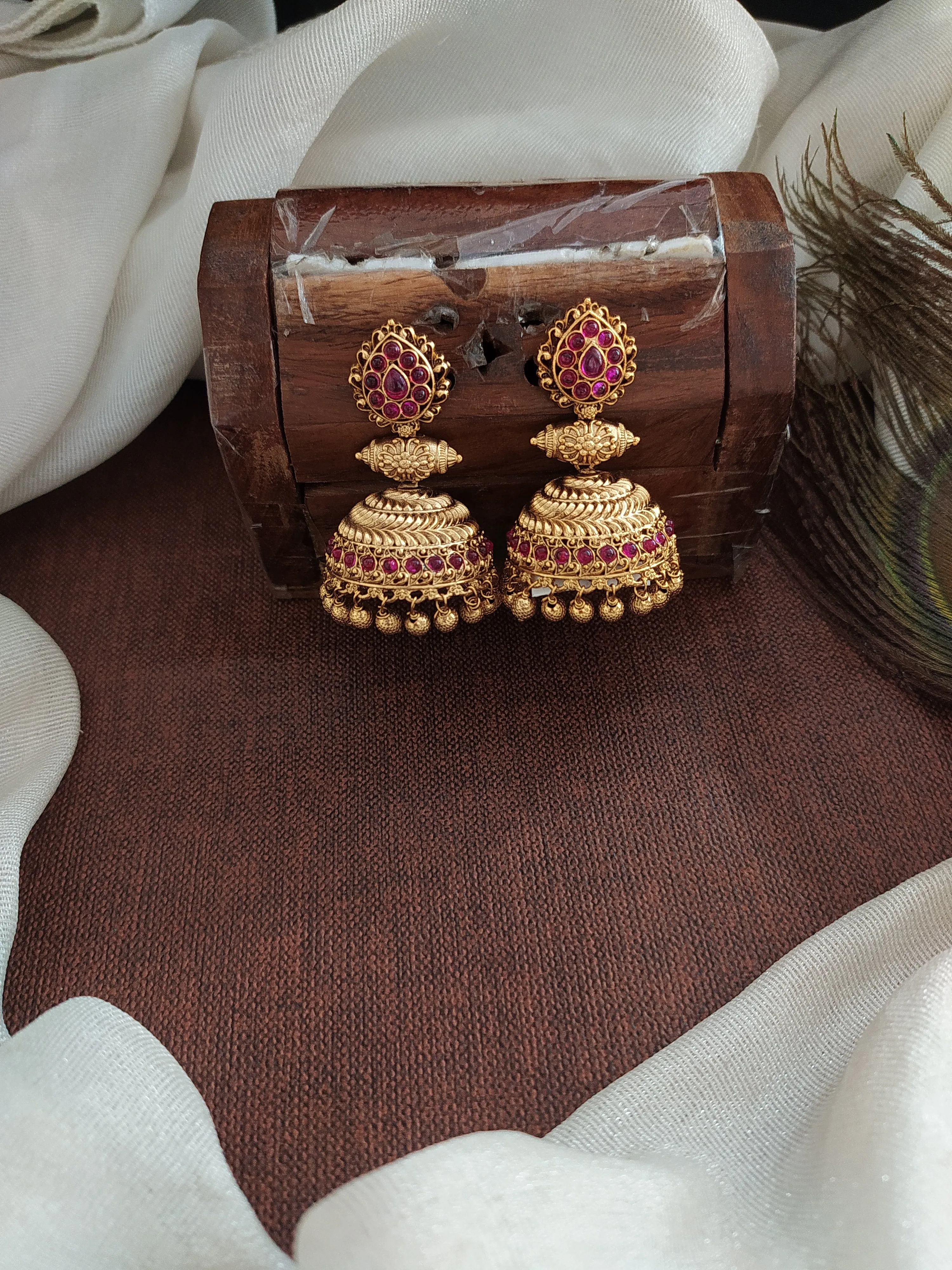 Antique Jhumki with Pear-Shaped Studs and Gold Ball Drops