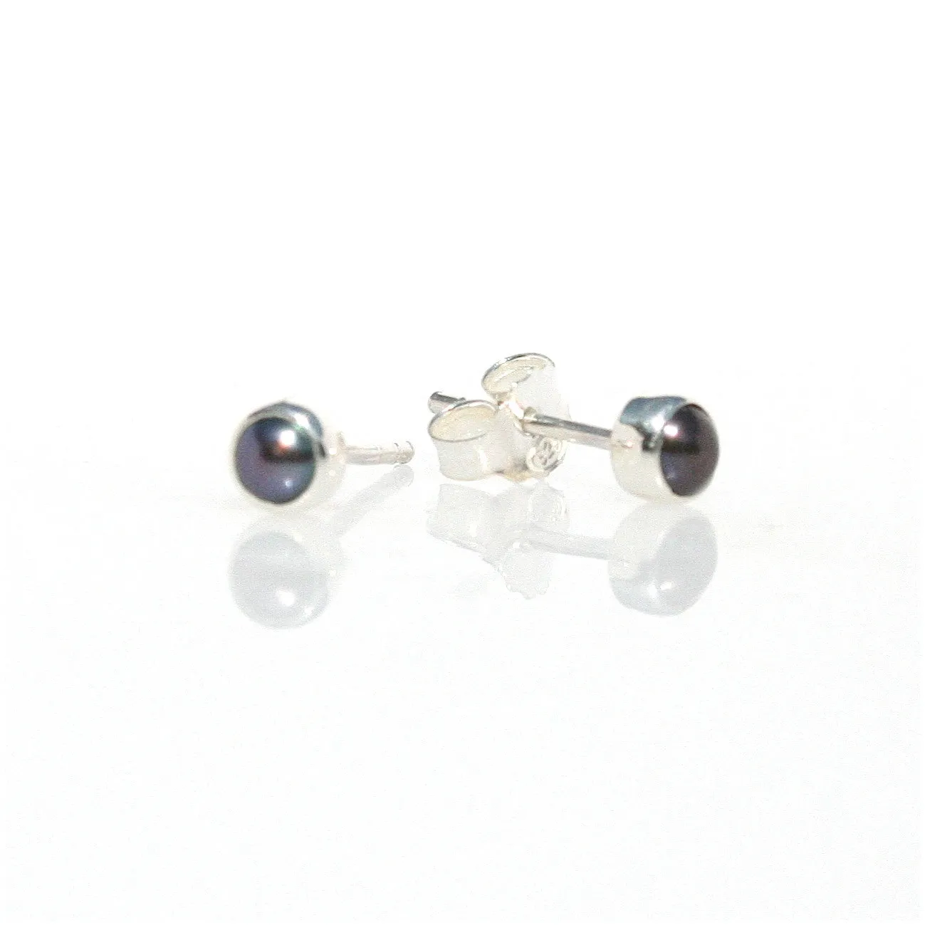 Black Pearl Studs 4mm Bezel Set in Sterling Silver