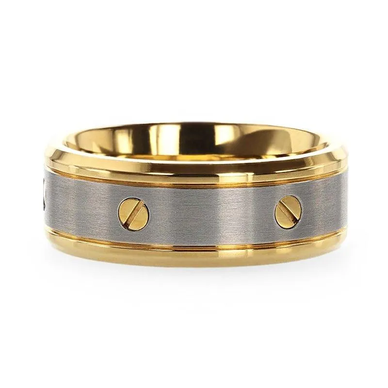 BOUNDLESS Gold-Plated Titanium Flat Brushed Center Ring With Rotating Screw Design And Beveled Polished Edges - 8mm