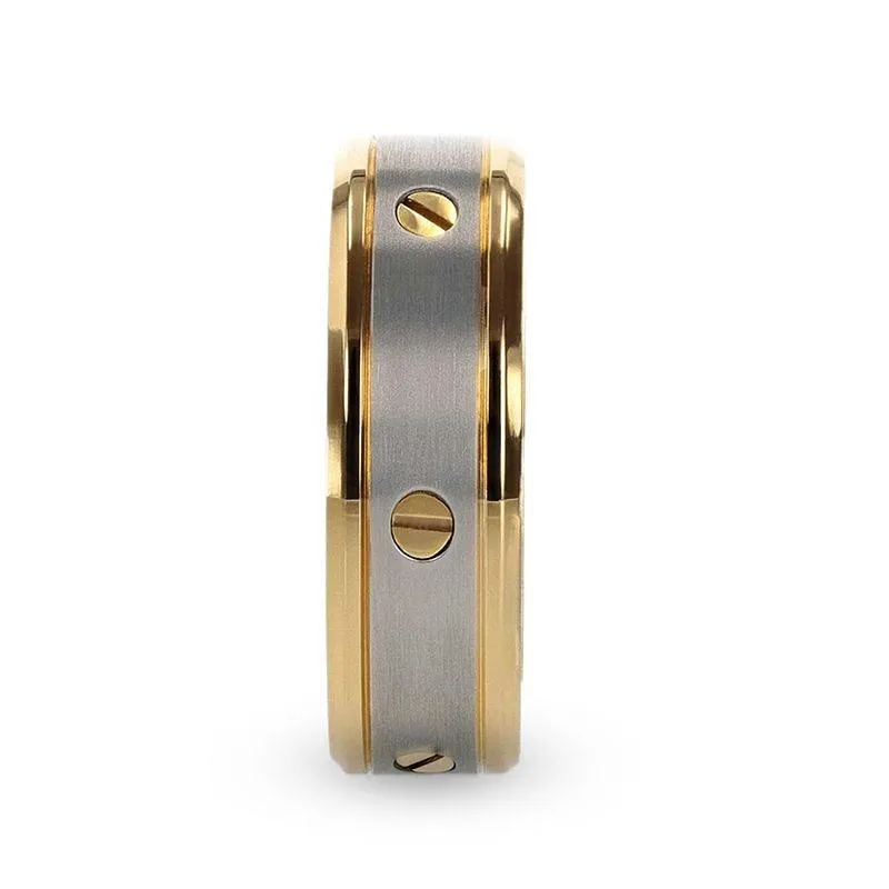 BOUNDLESS Gold-Plated Titanium Flat Brushed Center Ring With Rotating Screw Design And Beveled Polished Edges - 8mm