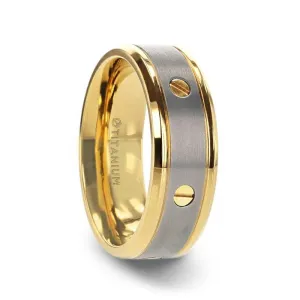 BOUNDLESS Gold-Plated Titanium Flat Brushed Center Ring With Rotating Screw Design And Beveled Polished Edges - 8mm