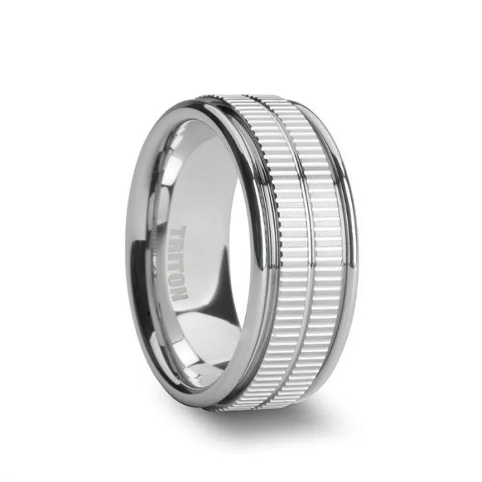 CARLTON Flat White Tungsten Wedding Band with Dual Coin Edge Center by Triton Rings - 9mm