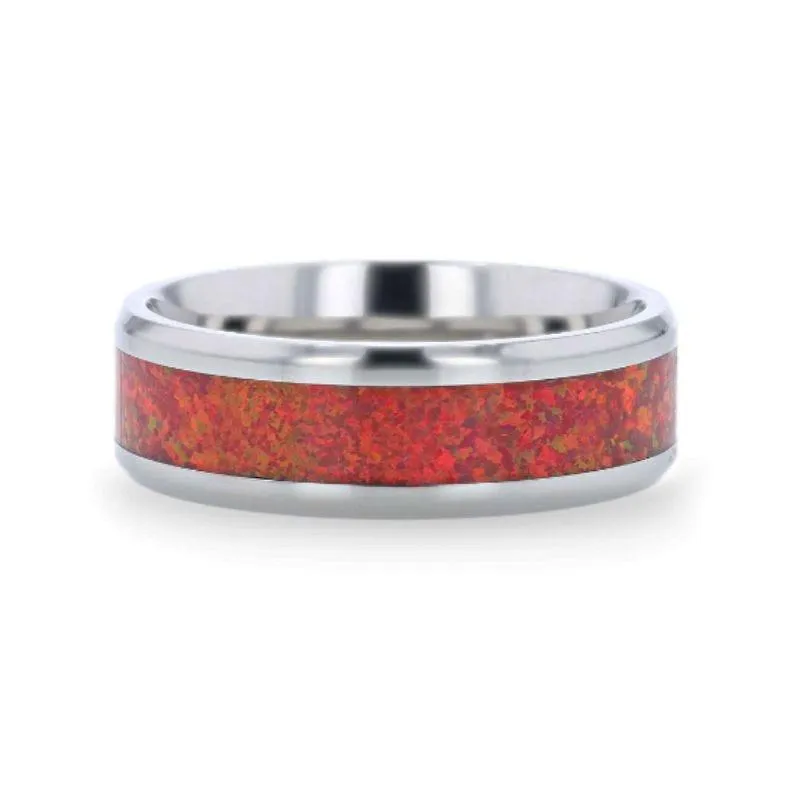 CASSIOPEIA Titanium Men 's Wedding Ring With Beveled Edges And Red Opal Inlay - 8mm