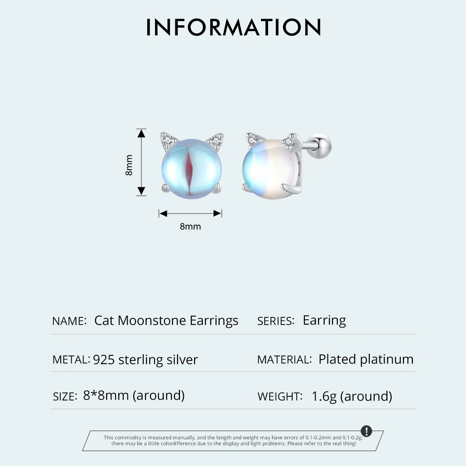 Cat Moonstone Sliver Ear Studs