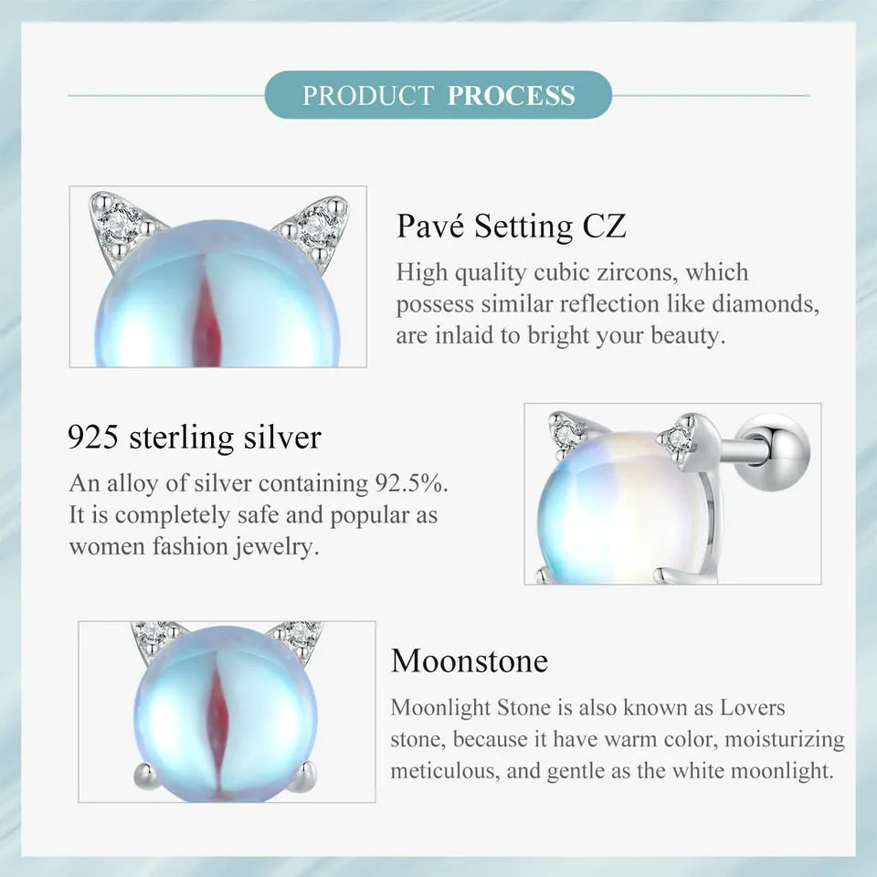 Cat Moonstone Sliver Ear Studs