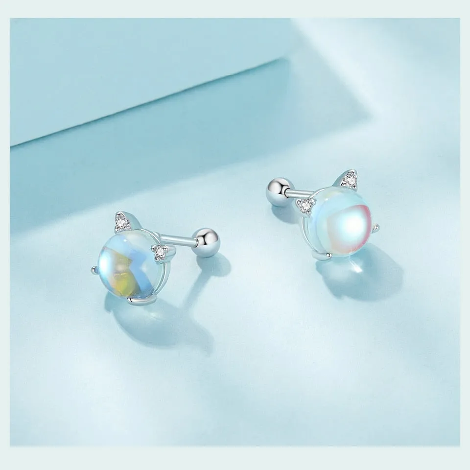 Cat Moonstone Sliver Ear Studs