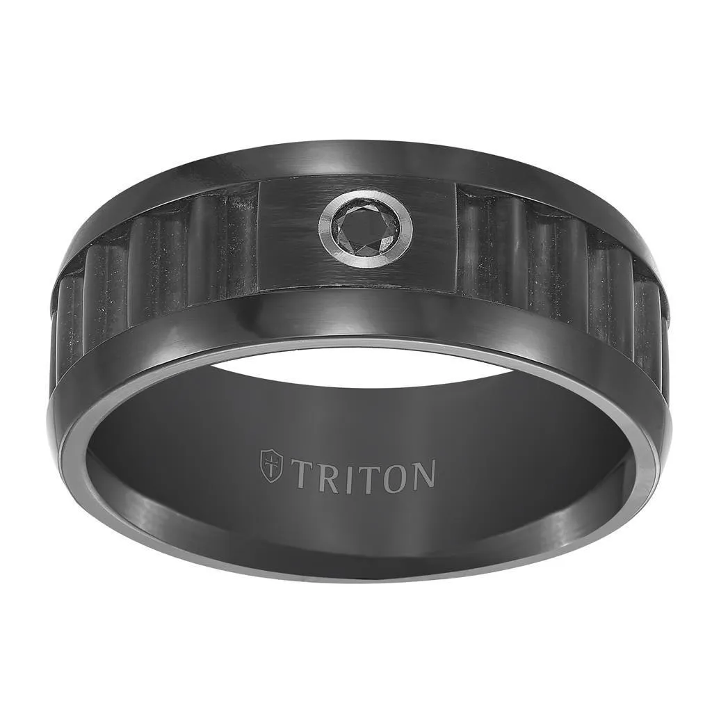 COHEN 9MM Black Tungsten Carbide Center Corrugated Texture with Bright Polished Rims and single Black Diamond Comfort Fit Band