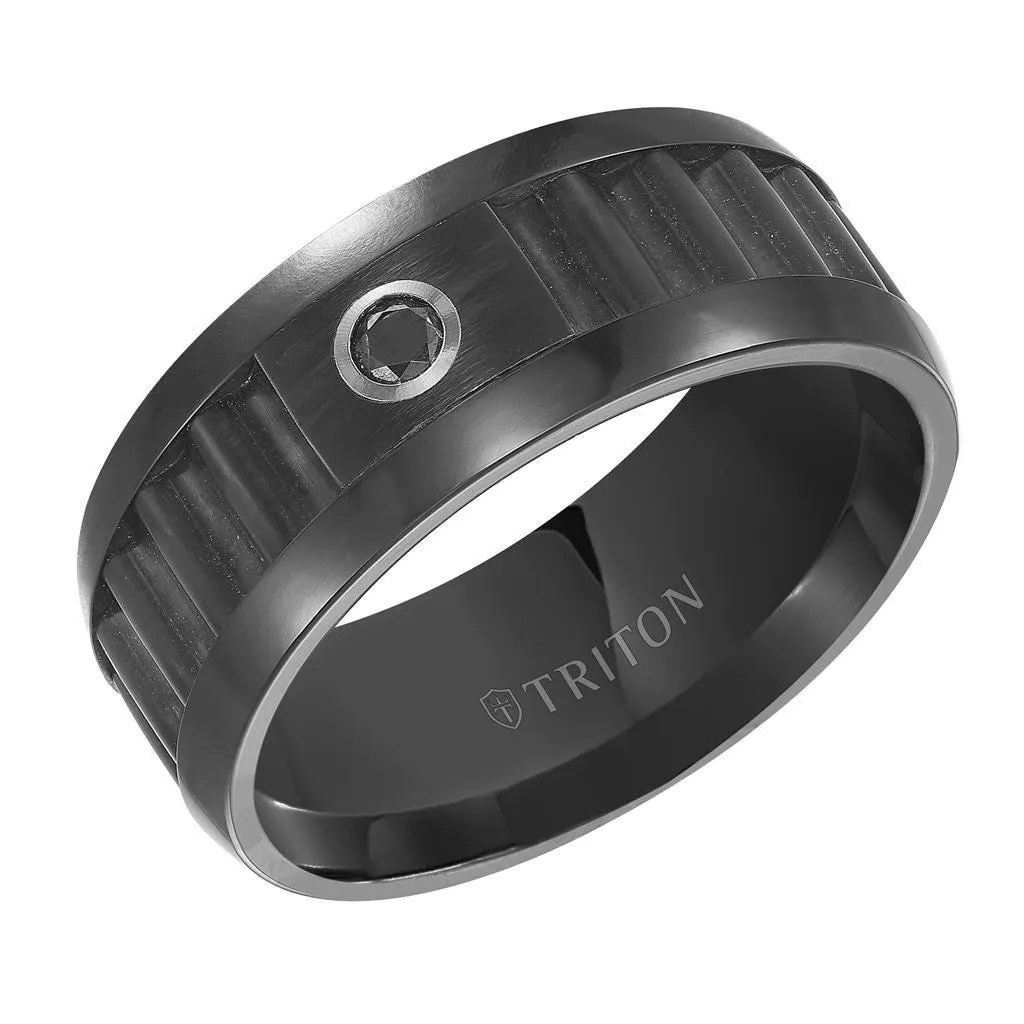 COHEN 9MM Black Tungsten Carbide Center Corrugated Texture with Bright Polished Rims and single Black Diamond Comfort Fit Band