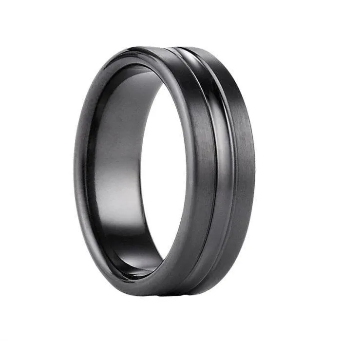 COLBY Black Titanium Ring with Satin Finish & Polished Center Groove by Benchmark Rings -7.5mm