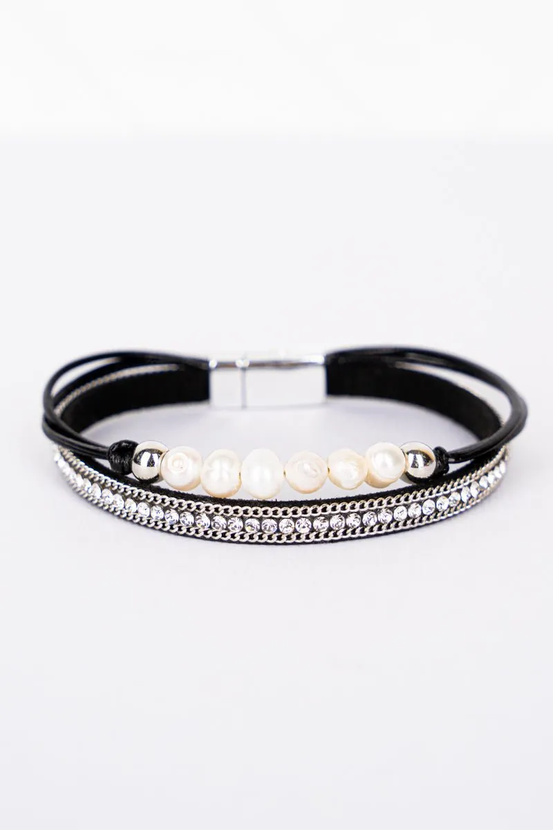 Crystal Avenue Freshwater Pearl Black Multi-Strand Magnetic Bracelet