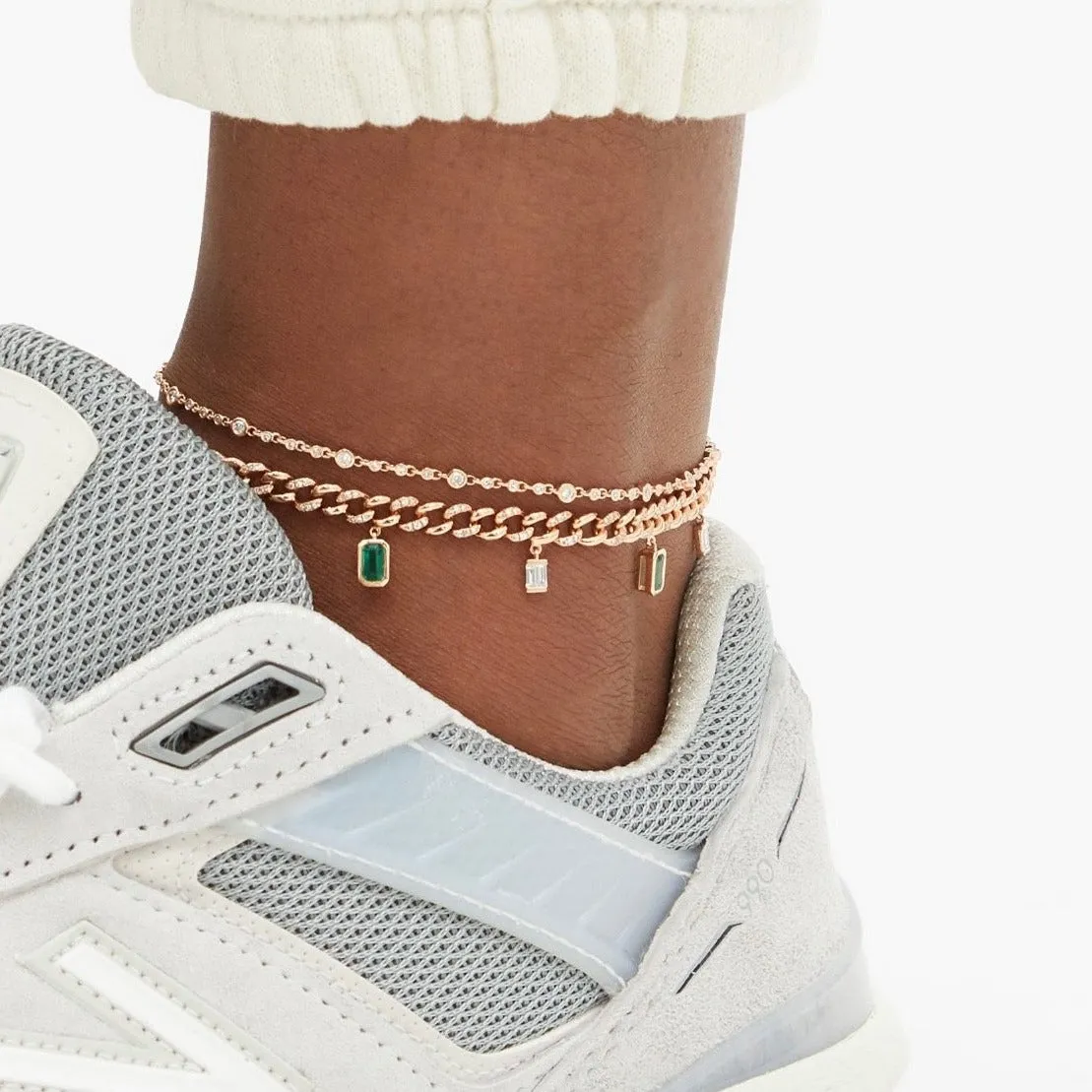 DIAMOND & EMERALD BAGUETTE DROP LINK ANKLET