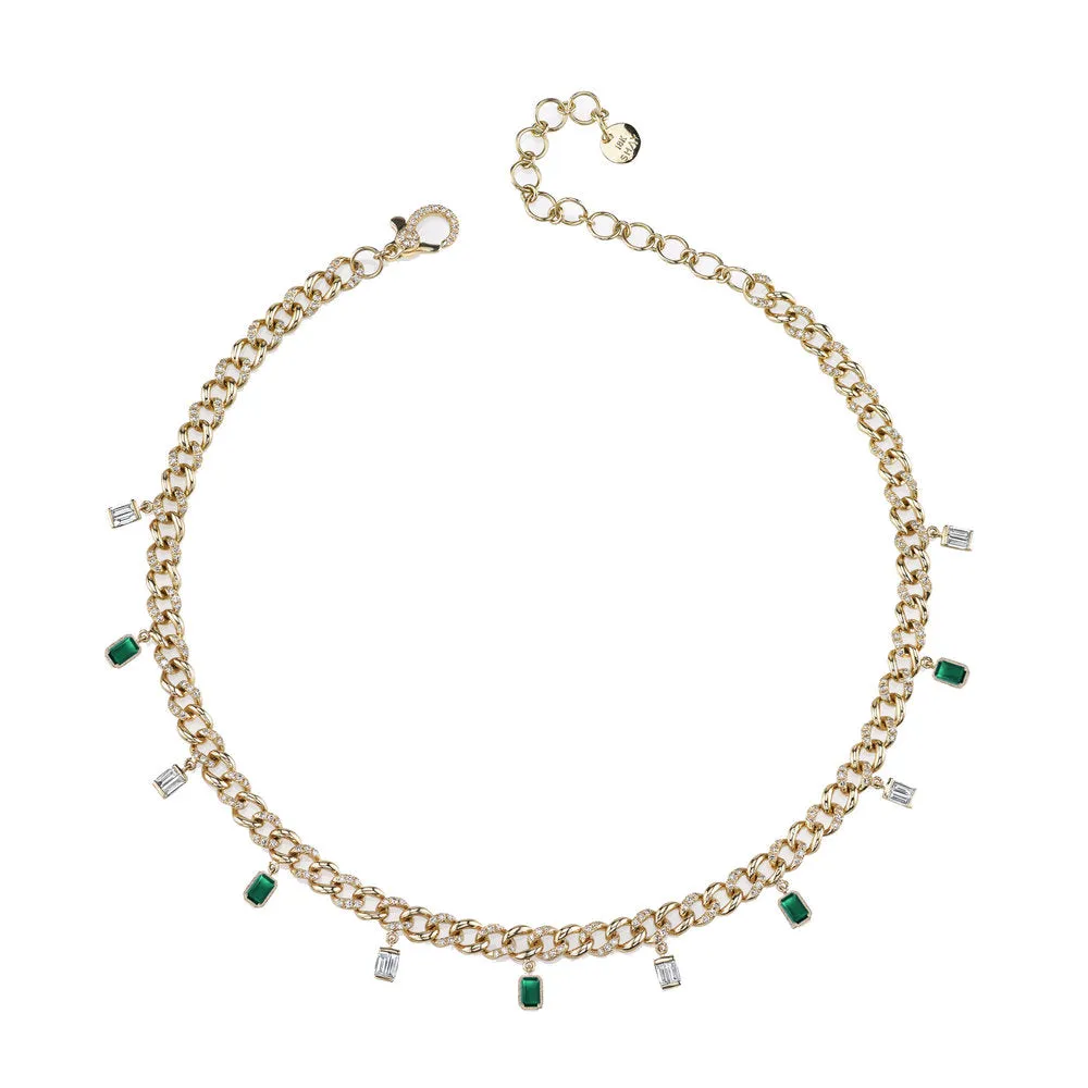 DIAMOND & EMERALD BAGUETTE DROP LINK ANKLET