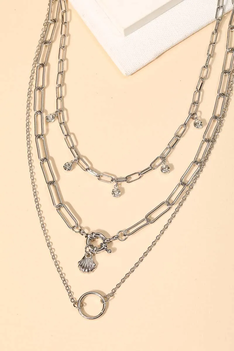 Double Chain Crystal Circle Charm Layered Necklace