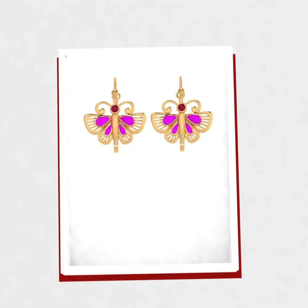 Elegant Butterfly-shaped Earrings Made Of 22k Gold Set With Purple And Red Stones