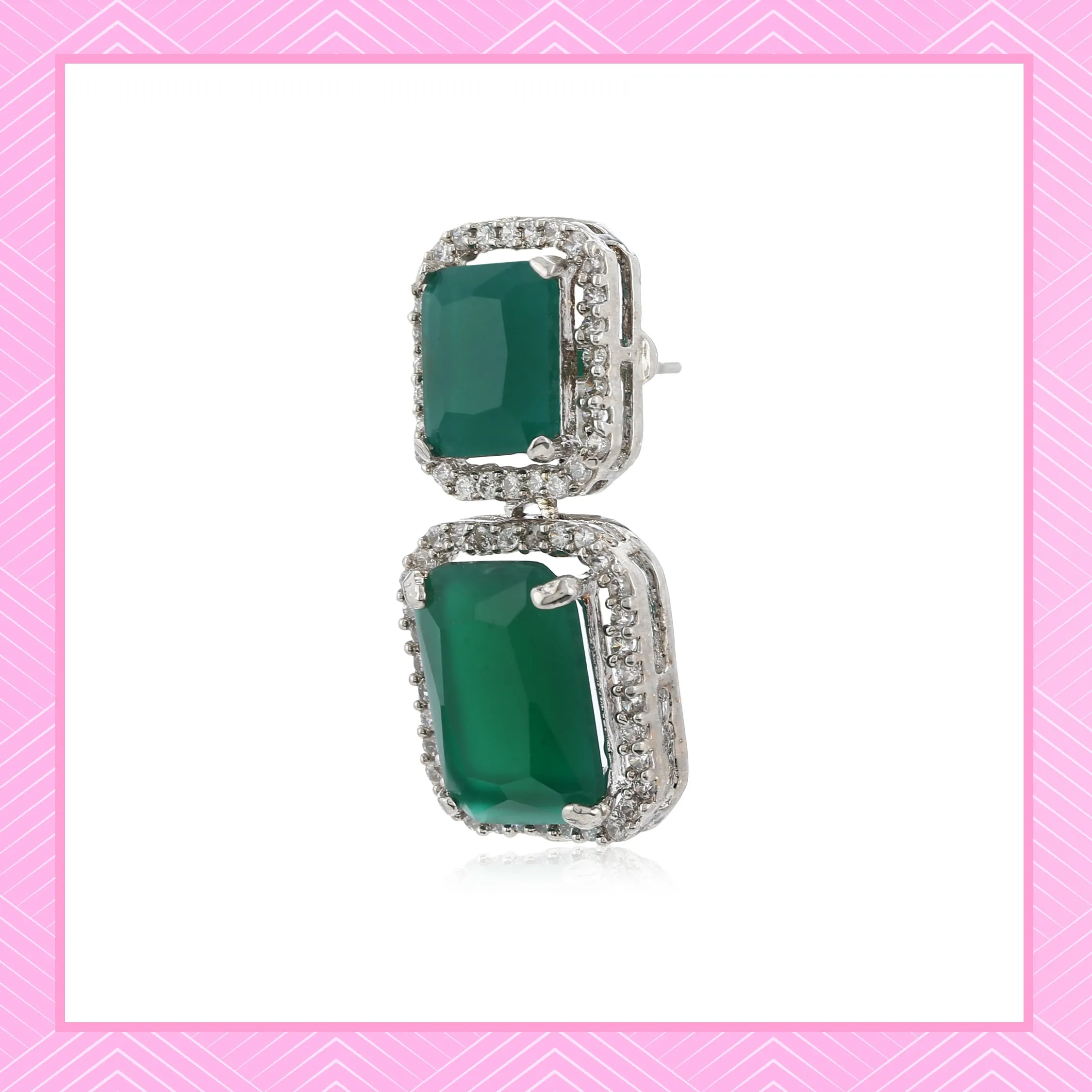 Estele Rhodium Plated Aster Green emerald stones Earrings