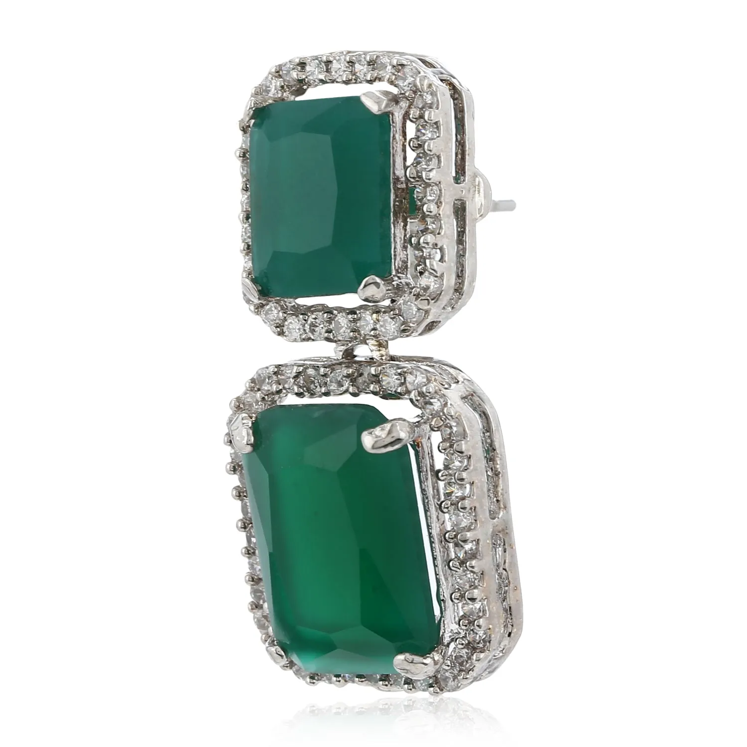 Estele Rhodium Plated Aster Green emerald stones Earrings