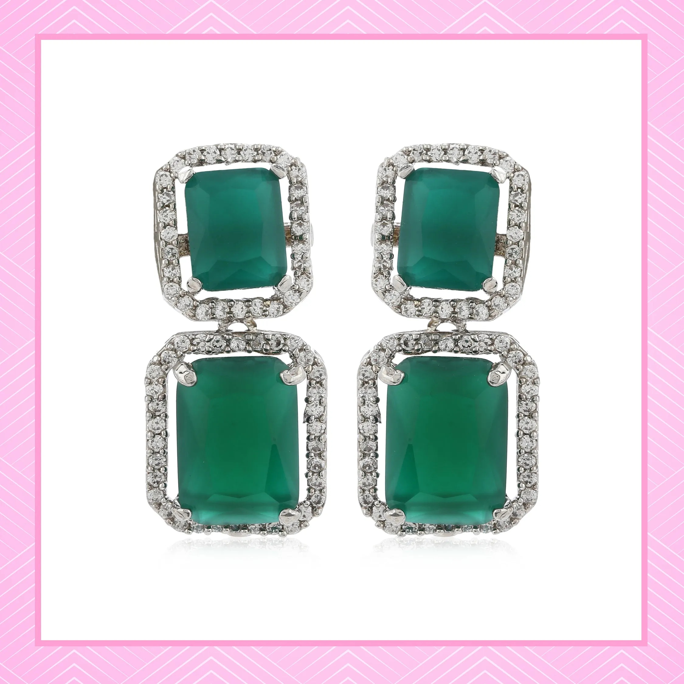 Estele Rhodium Plated Aster Green emerald stones Earrings