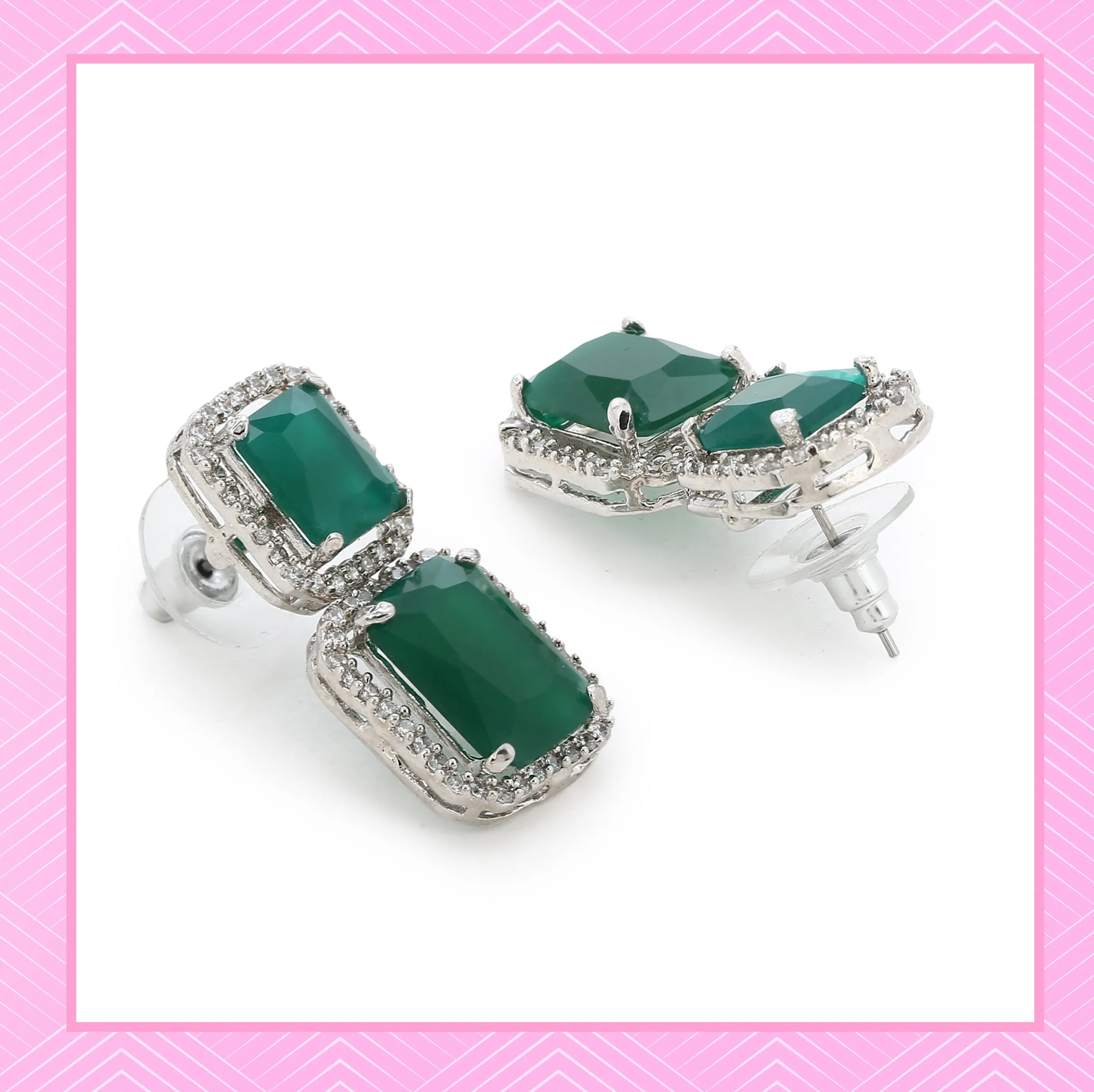 Estele Rhodium Plated Aster Green emerald stones Earrings