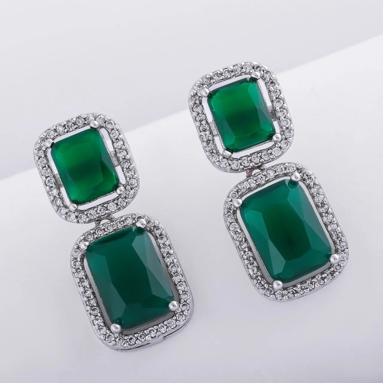 Estele Rhodium Plated Aster Green emerald stones Earrings