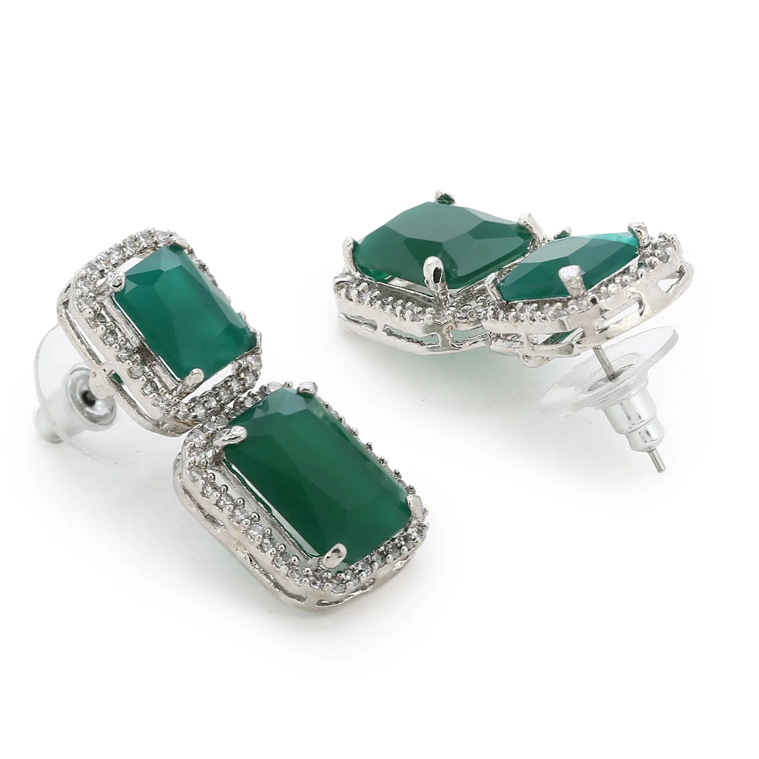 Estele Rhodium Plated Aster Green emerald stones Earrings