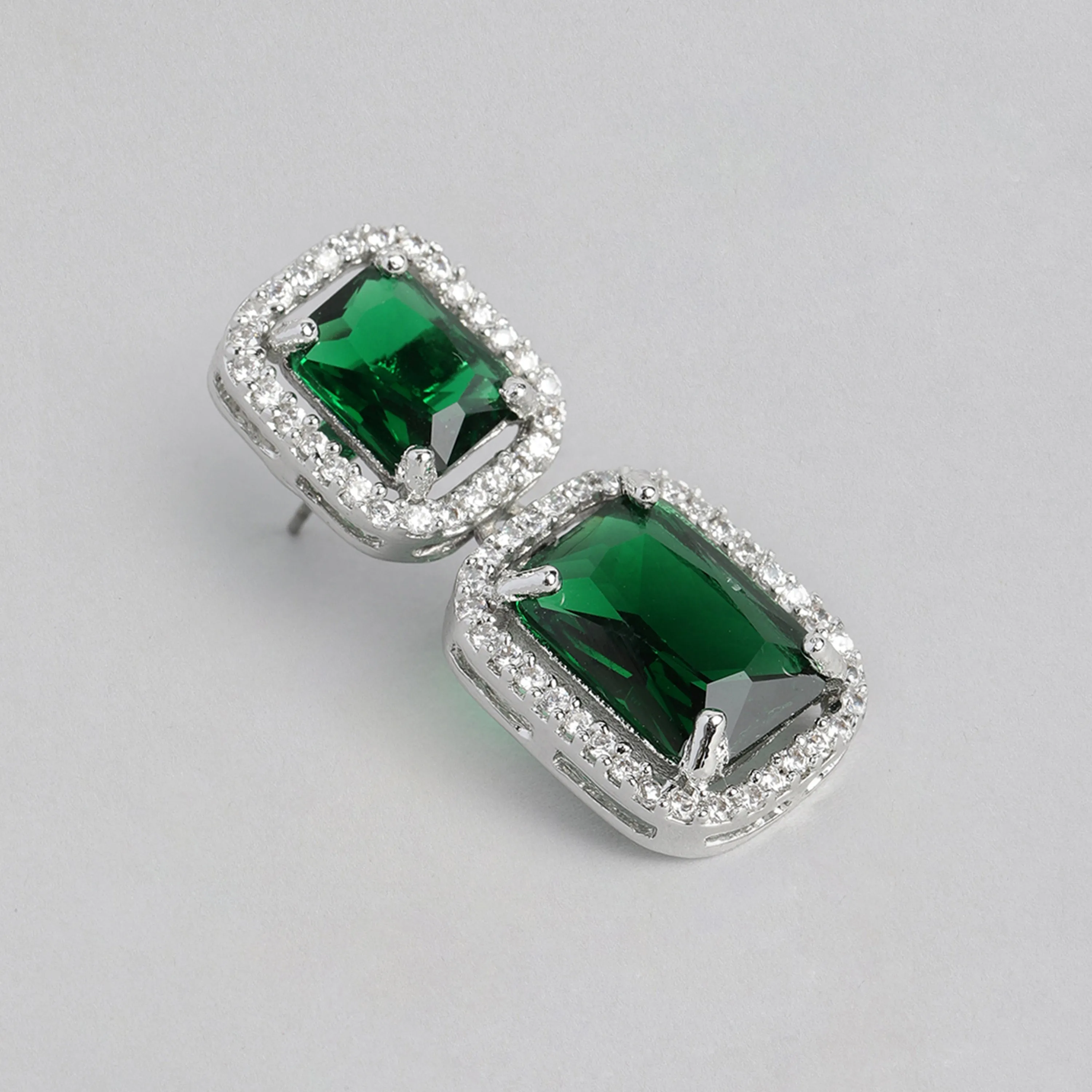 Estele Rhodium Plated Aster Green emerald stones Earrings