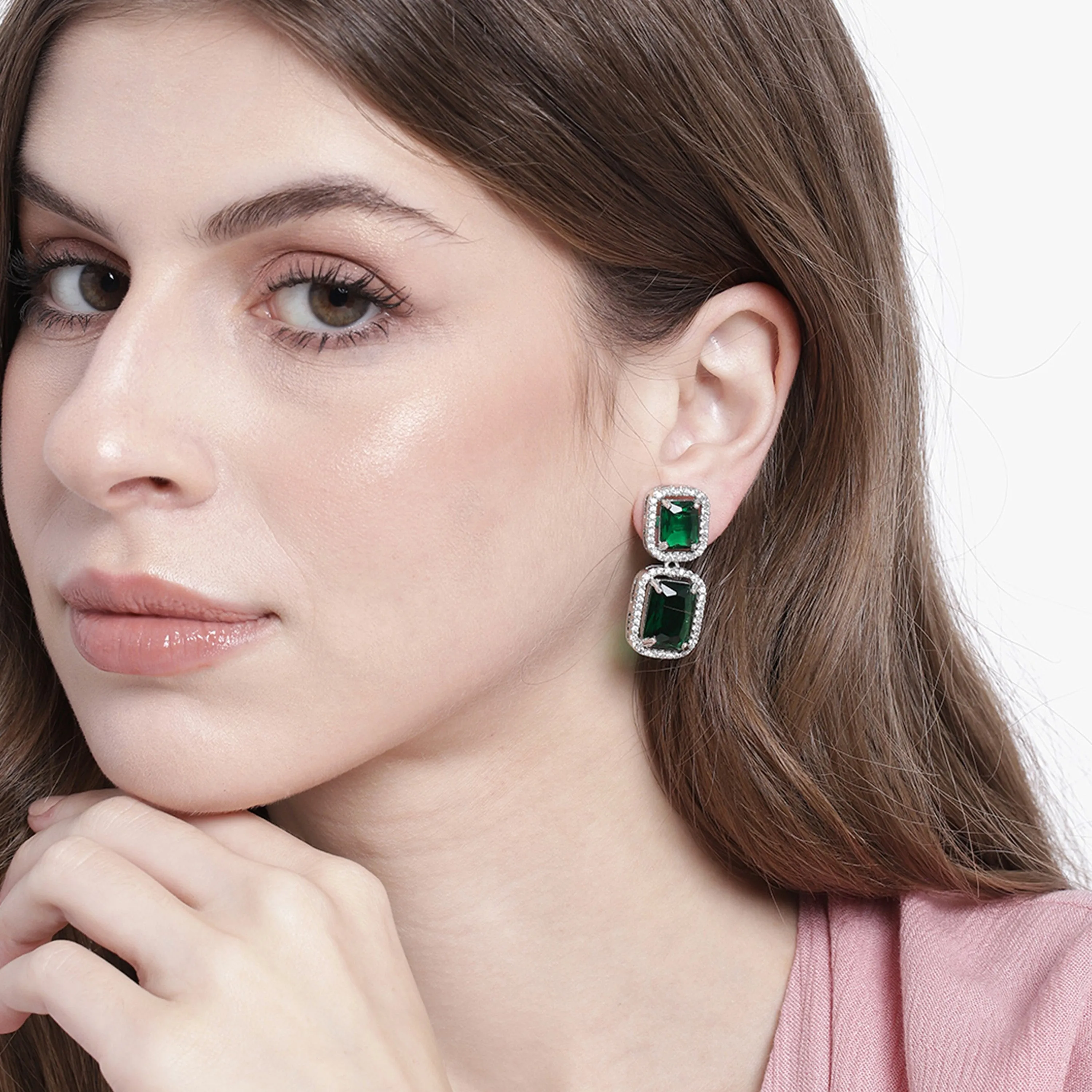 Estele Rhodium Plated Aster Green emerald stones Earrings