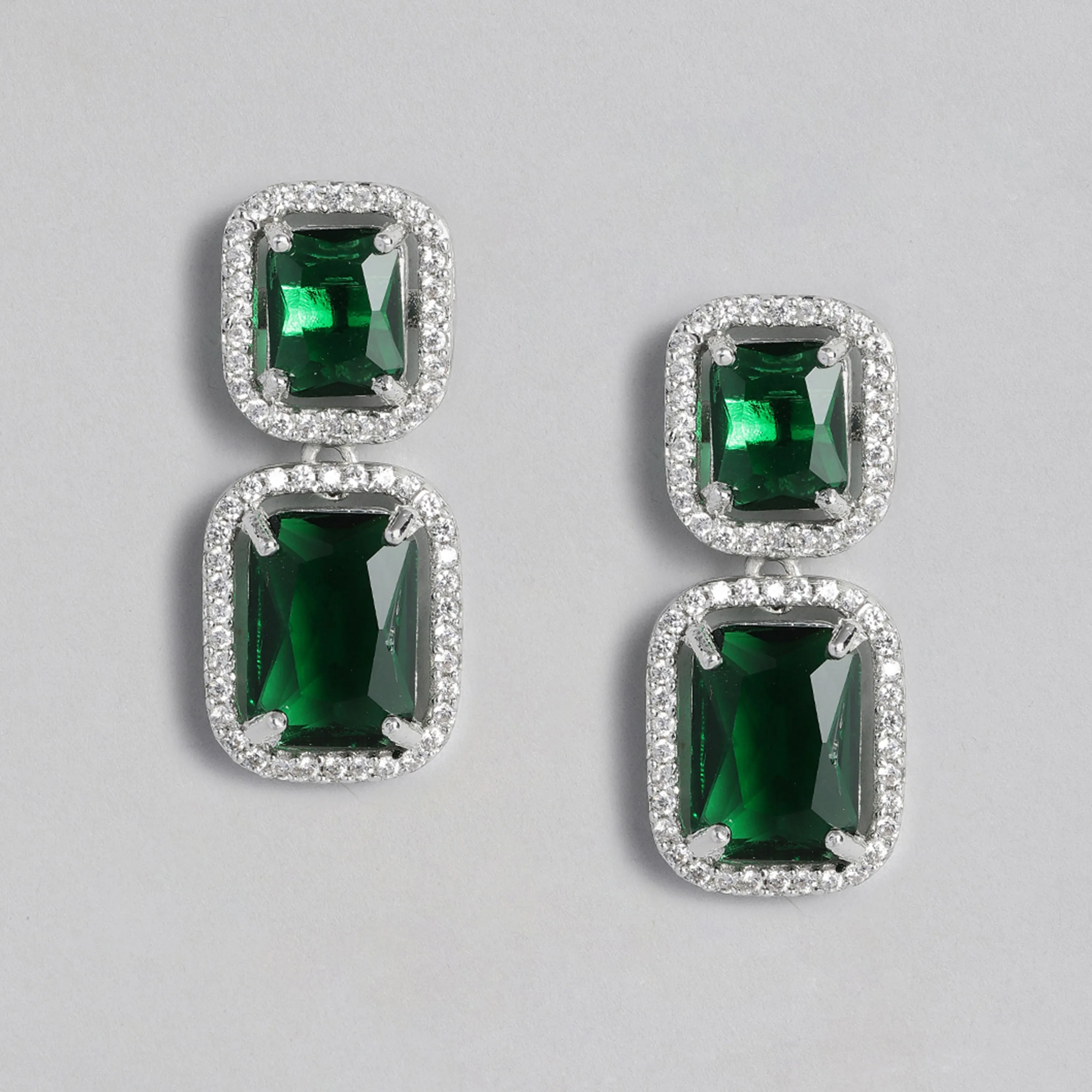 Estele Rhodium Plated Aster Green emerald stones Earrings