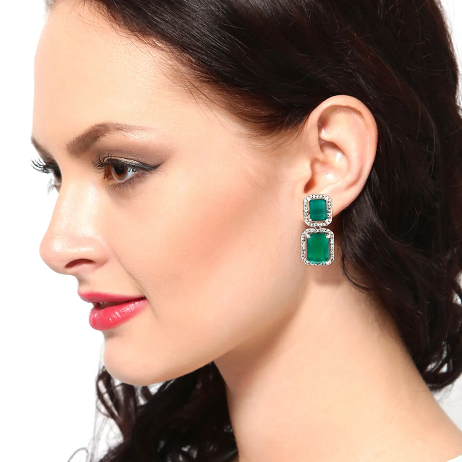 Estele Rhodium Plated Aster Green emerald stones Earrings