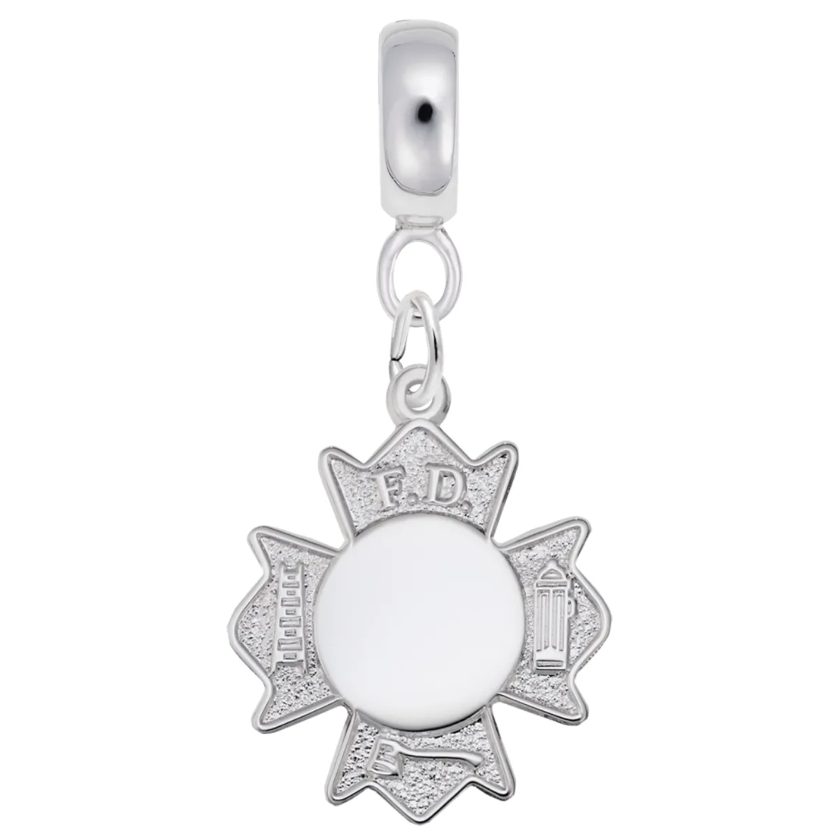 Fire Dept. Badge Charm Dangle Bead In Sterling Silver