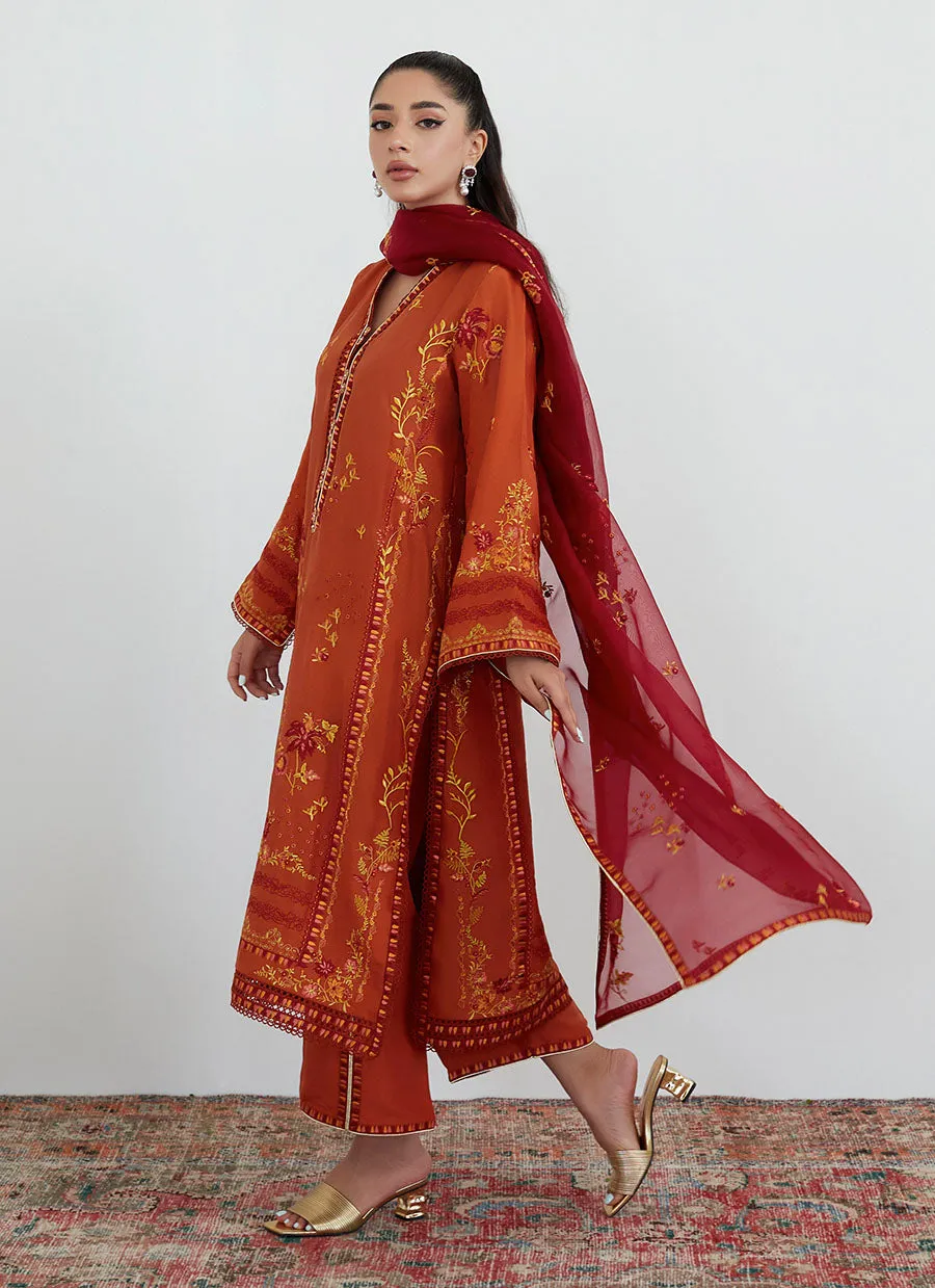 Ginger Rust Embroidered Shirt with Organza Dupatta